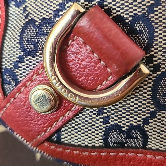 GUCCI VINTAGE 90'S ABBEY TAN CANVAS W NAVY GG DIAMANTE, RED LEATHER/GOLD HRDWR - Picture 5 of 14